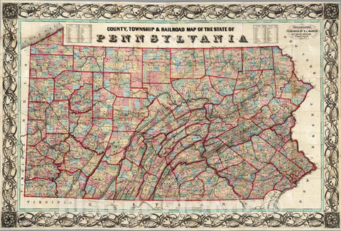 Historic Map : County, Township & Railroad Map of The State of Pennsylvania, 1857 - Vintage Wall Art