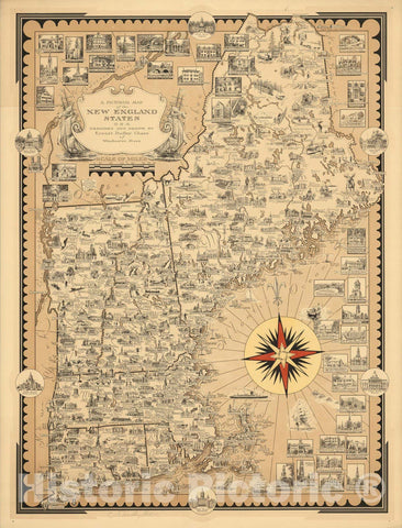 Historic Map : Pictorial Map of the New England States U.S.A, 1939 - Vintage Wall Art