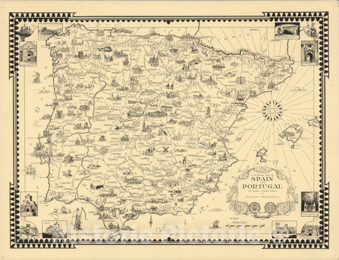 Historic Map : A pictorial map of Spain and Portugal, by Ernest Dudley Chase, 1935 - Vintage Wall Art