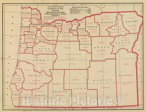 Historic Map : State Atlas Map, Oregon agric, farm values, products, acreages. 1909 - Vintage Wall Art