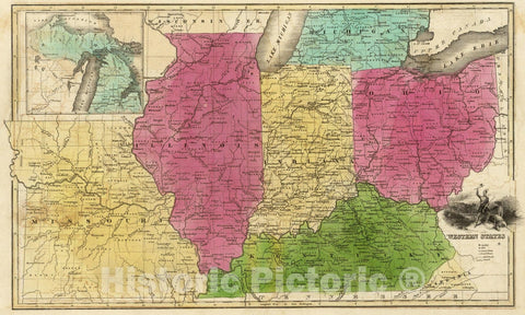 Historic Map : Western States. (with) inset map of Upper Michigan, 1842 - Vintage Wall Art
