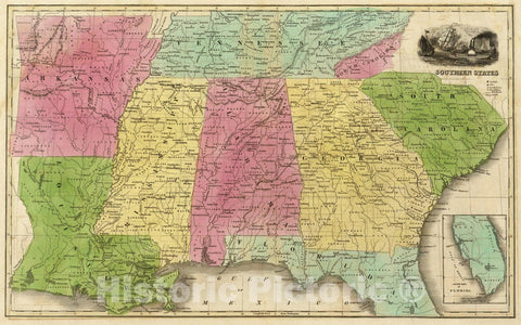 Historic Map : School Atlas Map, Southern States. (with) South Part of Florida. 1842 - Vintage Wall Art