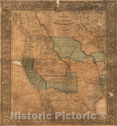 Historic Map : A New Map of The States of Texas & California, 1852 - Vintage Wall Art