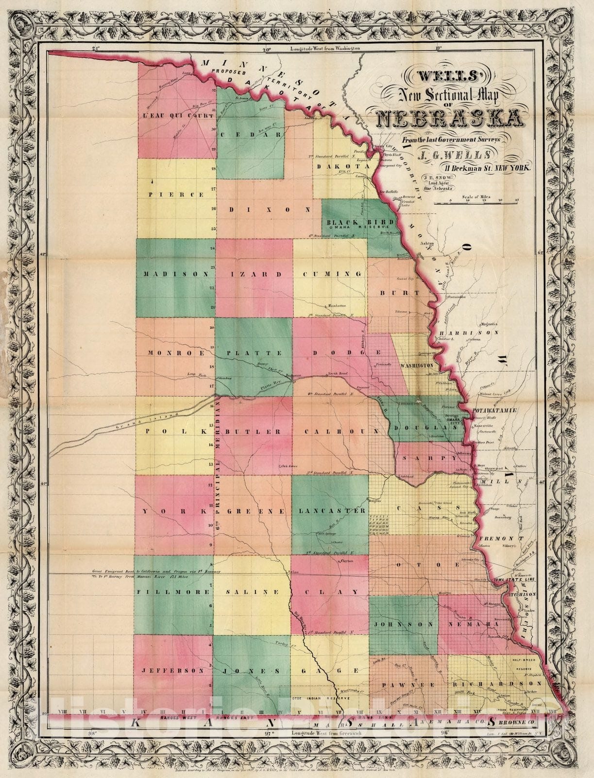 Carte Historique Reproduction - Territoire Du Nebraska 1857 Par Rogers - 29,06 X 23 Pouces