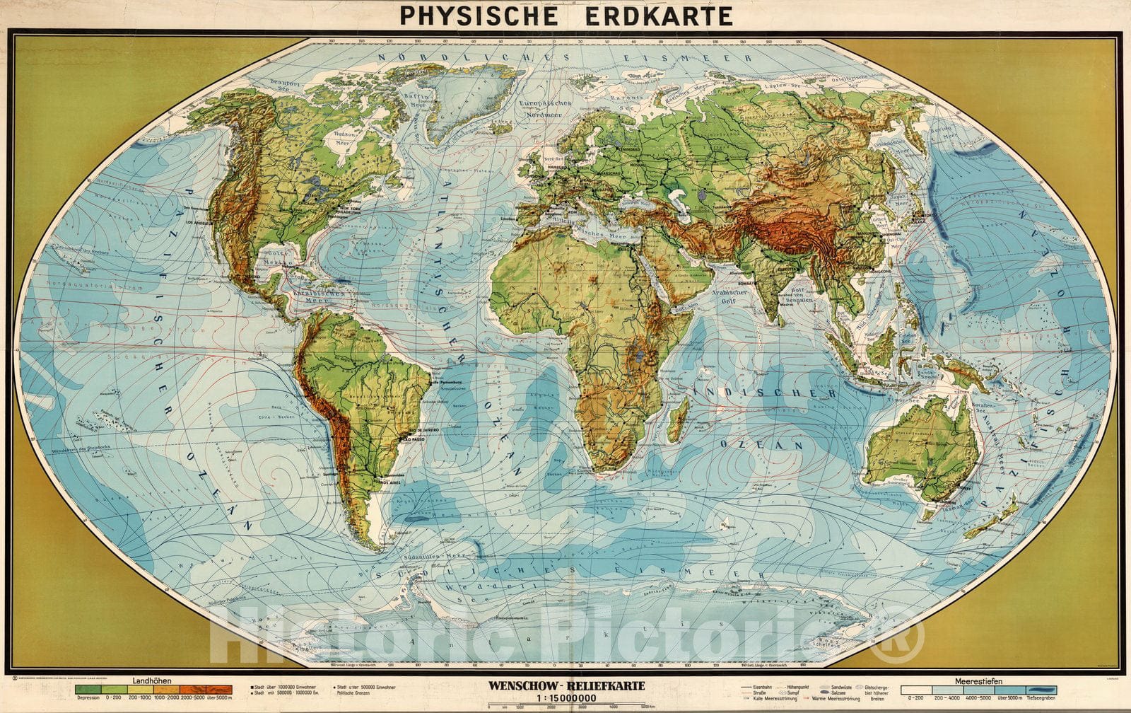 Historic Map : Wall Map, World - Physical 1952 - Vintage