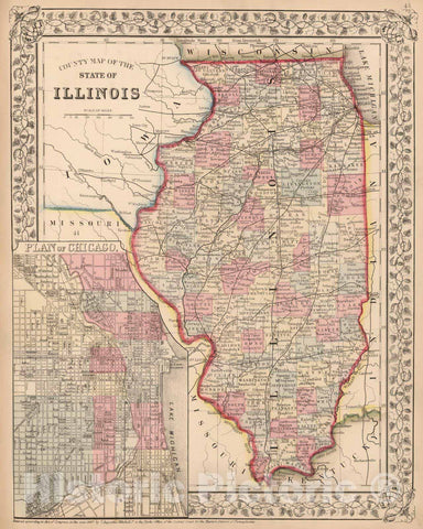 Historic Map : 1868 County map of the State of Illinois - Vintage Wall Art