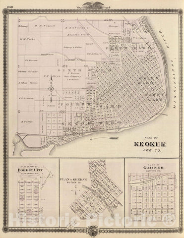 Historic Map : 1875 Plans of Keokuk, Forest City, Greene and Garner, State of Iowa. - Vintage Wall Art