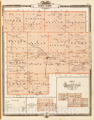 Historic Map : 1875 Map of Grundy County, State of Iowa, and Hampton and Grundy Center. - Vintage Wall Art