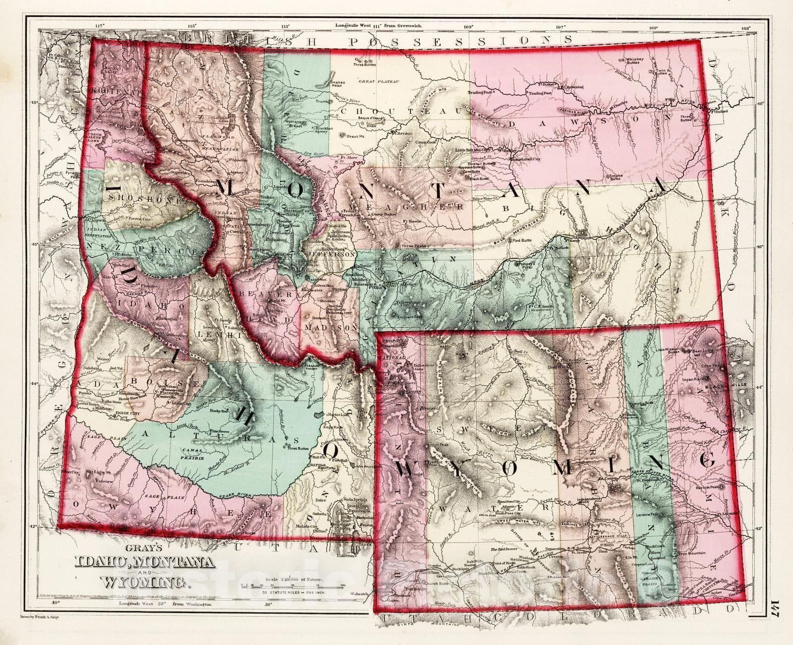 Historic Map : 1873 Idaho, Montana and Wyoming. - Vintage