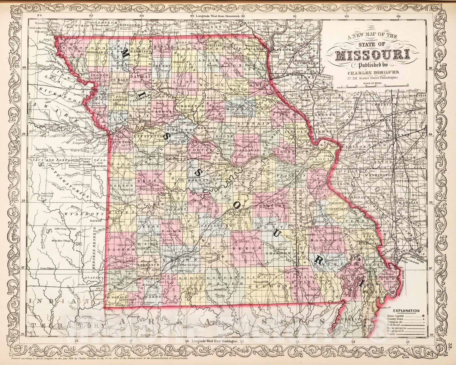 Historic Map : 1857 A New Map of the State of Missouri - Vintage Wall Art
