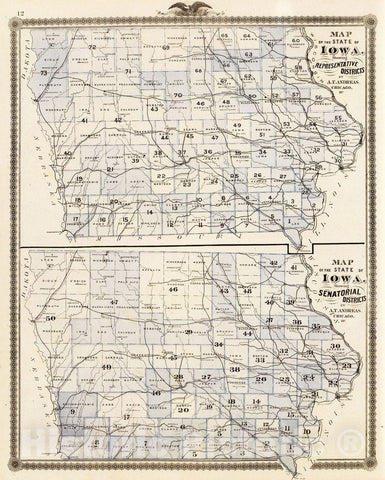 Historic Map : 1875 Maps of the State of Iowa showing representative districts, senatorial districts. - Vintage Wall Art