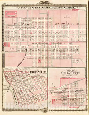 Historic Map : 1875 Plans of Oskaloosa, Eddyville and Albia City, State of Iowa. - Vintage Wall Art