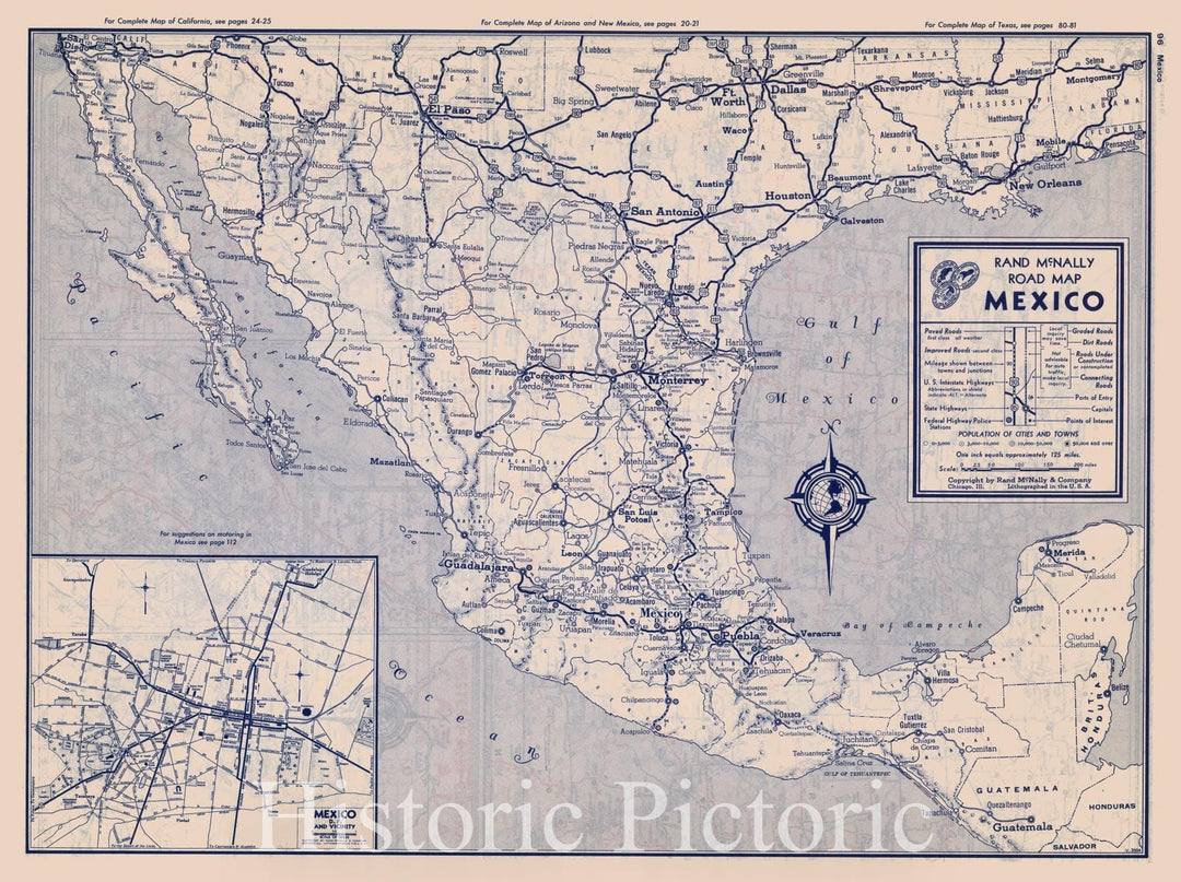 Historic Map : National Atlas - 1940 Road map of Mexico - Vintage Wall Art