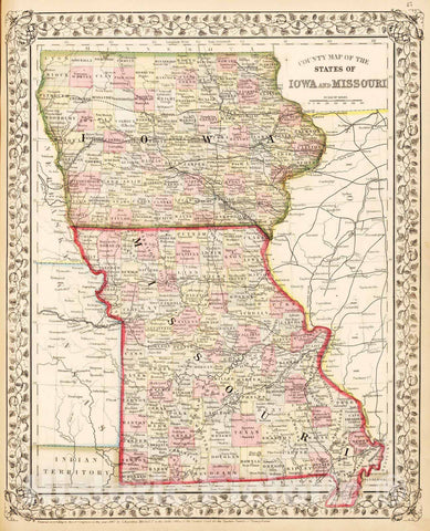 Historic Map : 1868 County map of the States of Iowa and Missouri - Vintage Wall Art
