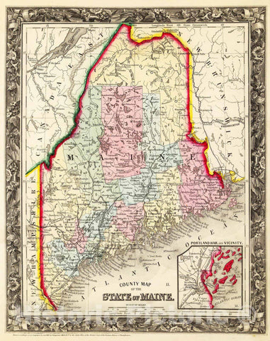 Historic Map : 1860 County Map of the State of Maine : Vintage Wall Art