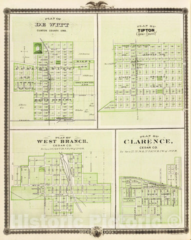 Historic Map : 1875 Plans of DeWitt, Tipton, West Branch and Clarence, State of Iowa. - Vintage Wall Art