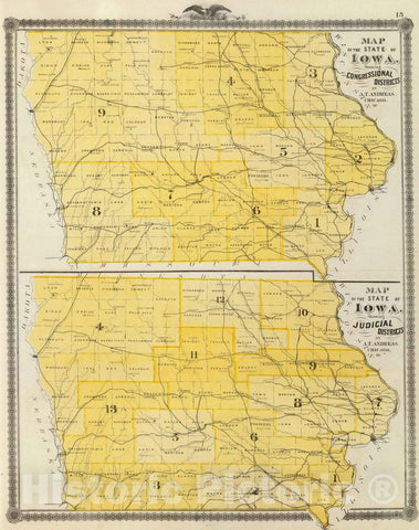 Historic Map : 1875 Maps of the State of Iowa showing congressional districts, judicial districts. - Vintage Wall Art