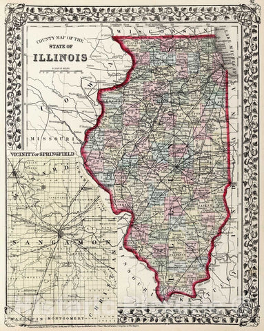 Historic Map : 1874 County Map of the State of Illinois : Vintage Wall Art