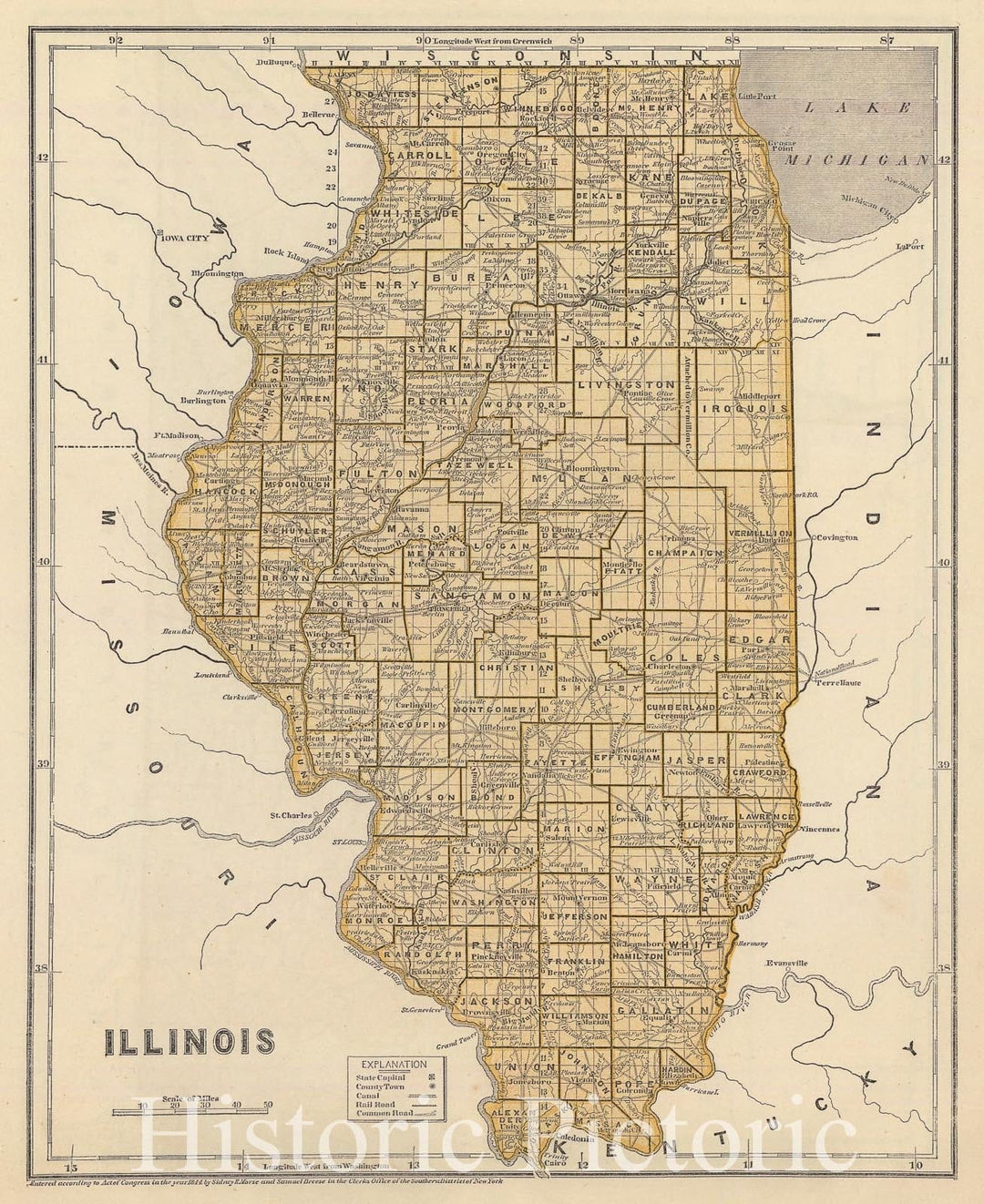 Historic Map : National Atlas - 1845 Illinois. - Vintage Wall Art