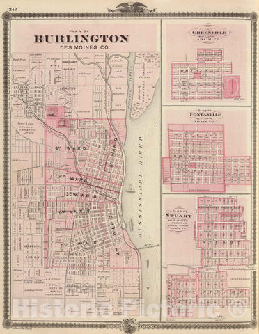 Historic Map : 1875 Plans of Burlington, Greenfield, Fontanelle and Stuart, State of Iowa. - Vintage Wall Art