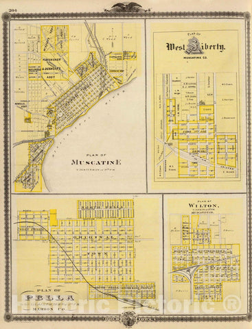 Historic Map : 1875 Plans of Muscatine, West Liberty, Pella and Wilton, State of Iowa. - Vintage Wall Art