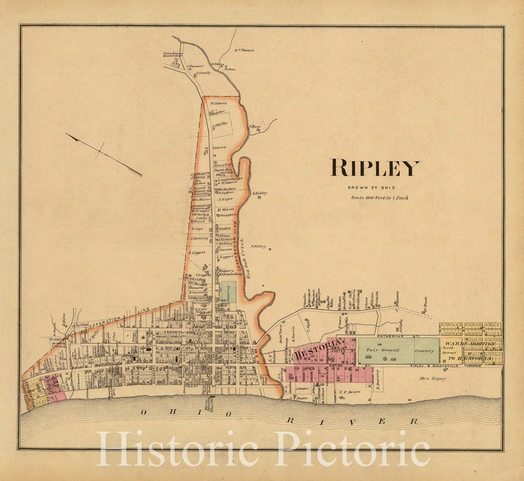 Historic Wall Map : 1877 Ripley, Brown Co, Ohio. - Vintage Wall Art