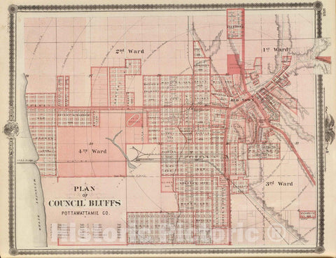 Historic Map : 1875 Plan of Council Bluffs, Pottawattamie Co, State of Iowa. - Vintage Wall Art