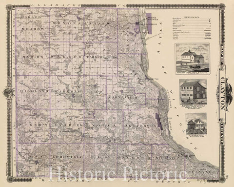 Historic Map : 1875 Map of Clayton County and buildings in McGregor, State of Iowa. - Vintage Wall Art