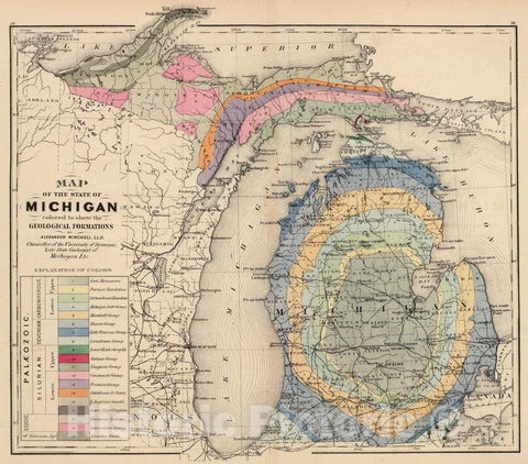 Historic Map : 1873 Map of the State of Michigan colored to show the geological formations. - Vintage Wall Art