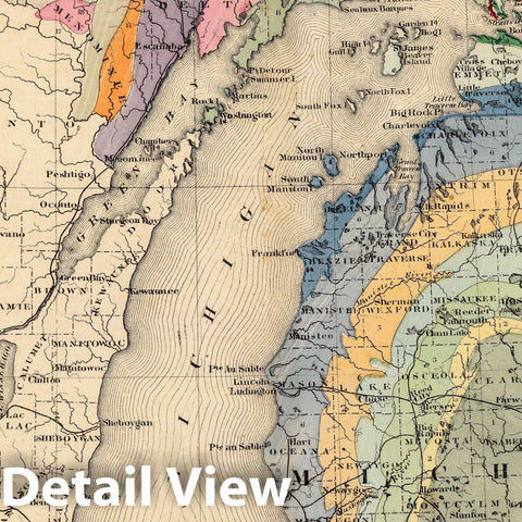 Historic Map : 1873 Map of the State of Michigan colored to show the geological formations. - Vintage Wall Art