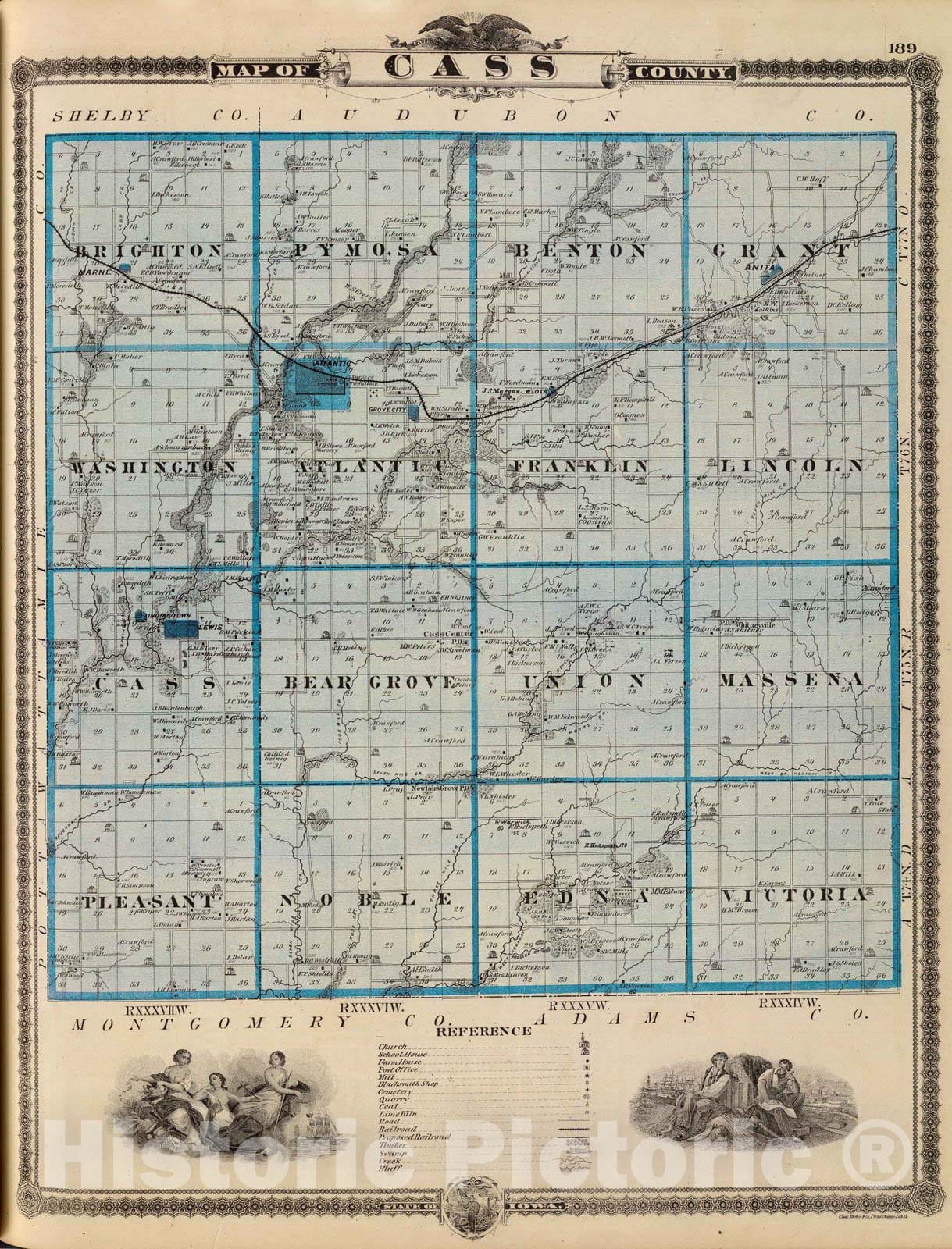Historic Map : 1875 Map of Cass County, State of Iowa. - Vintage Wall Art