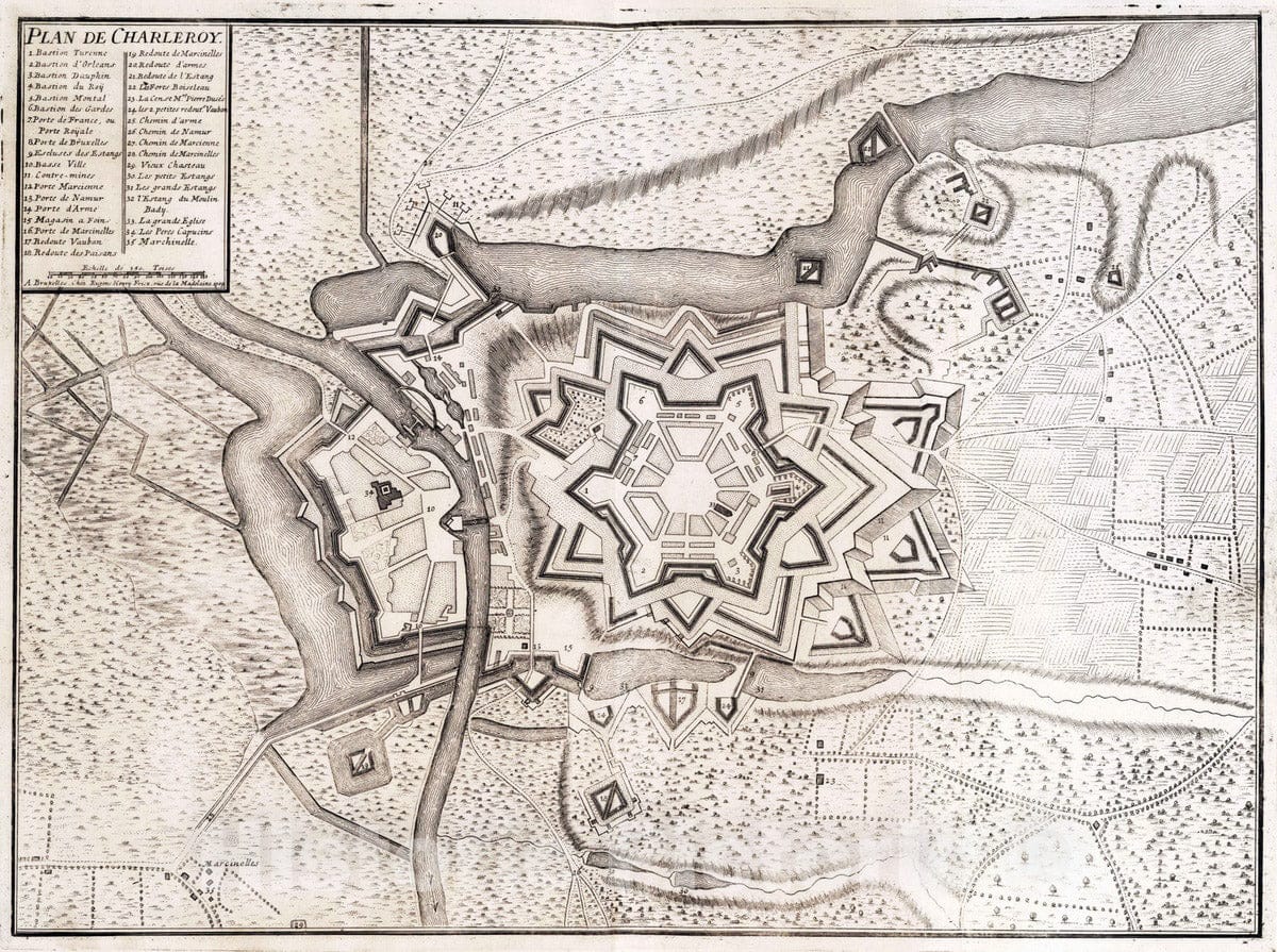 Historic Map : Charleroi , Belgium 1709 64. Plan de Charleroy (Charleroi), Belgium. 1709. , Vintage Wall Art