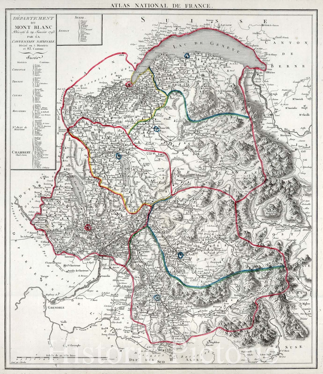 Historic Map : France, Blanc, Mont (France and Italy) 1763 Atlas National de France : Departement du Mont Blanc , Vintage Wall Art