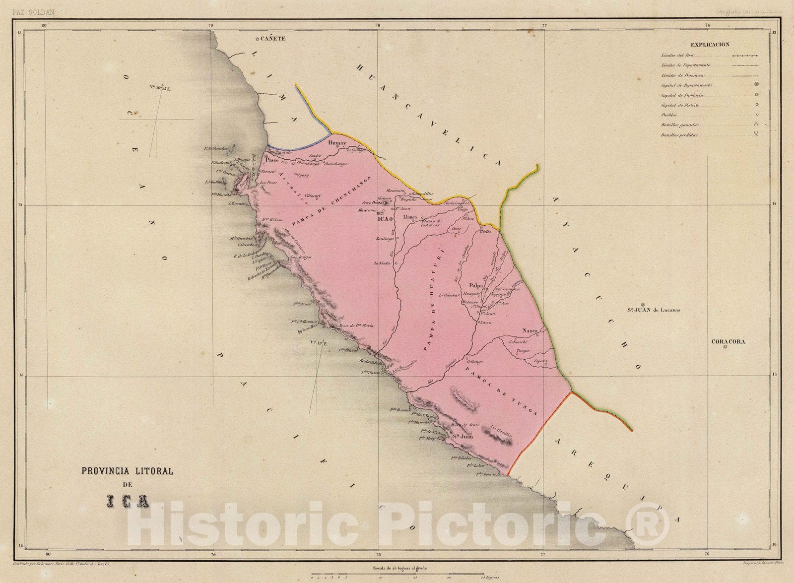 Historic Map : Peru, Ica (Peru : Dept.) 1865 Provincia litoral de Ica. , Vintage Wall Art