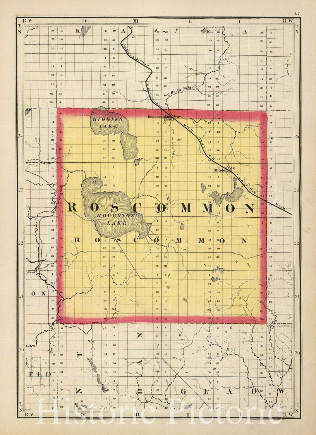 Historic Map : 1873 (Map of Roscommon County, Michigan) - Vintage Wall Art