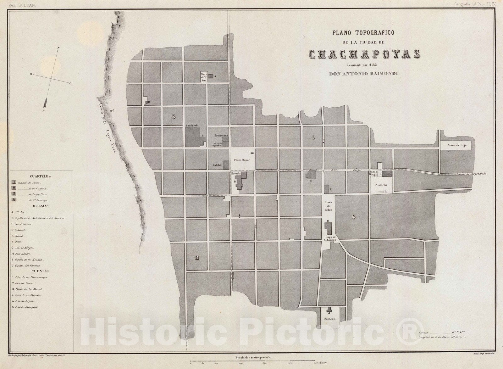 Historic Map : Peru , Chachapoyas (Peru), 1865 Plano topografico de la Ciudad de Chachapoyas. , Vintage Wall Art