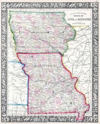 Historic Map : 1865 County map of the States of Iowa and Missouri - Vintage Wall Art