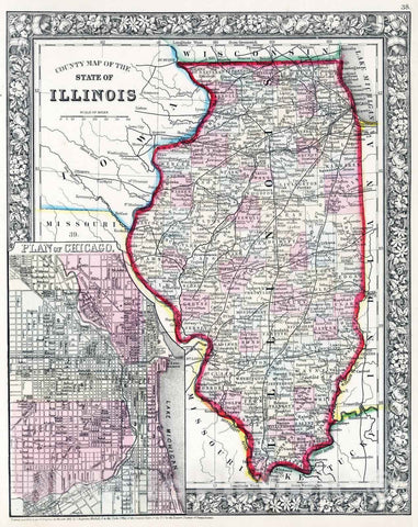 Historic Map : 1865 County map of the State of Illinois - Vintage Wall Art