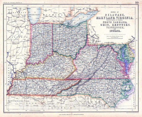 Historic Map : National Atlas - 1857 States Of Delaware, Maryland, Virginia (with the District of Columbia) North Carolina, Ohio, Kentucky, Tennessee, And Indiana.