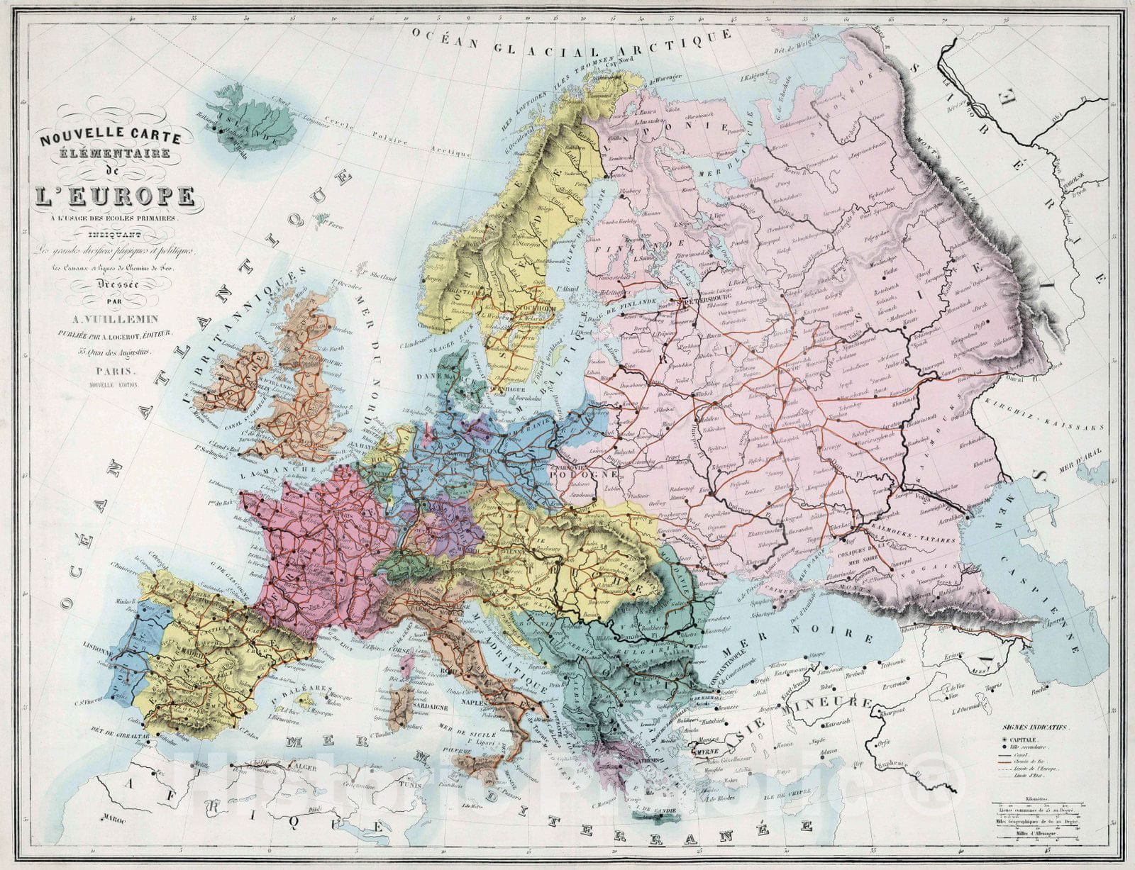 Historic Map : 1876 Nouvelle Elementaire de l'Europe a l'Usage des Ecoles Primaires. - Vintage Wall Art