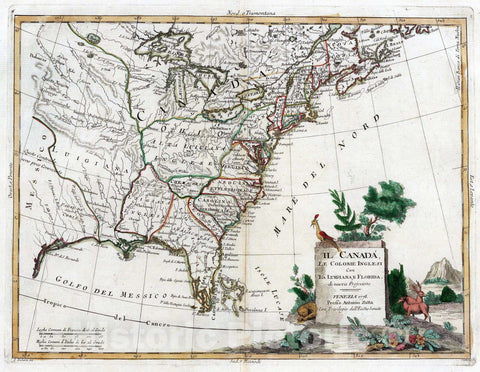 Historic Map : Canada; United States, 1778 Canada, Le Colonie Inglesi Con La Luigiana, e Florida. , Vintage Wall Art