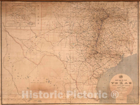 Historic Map : Wall Map - 1892 Post Route Map of the State of Texas - Vintage Wall Art