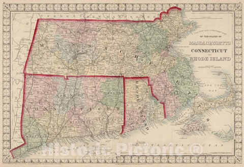 Historic Map : National Atlas - 1874 County and Township Map of the States of Massachusetts, Connecticut, and Rhode Island. - Vintage Wall Art