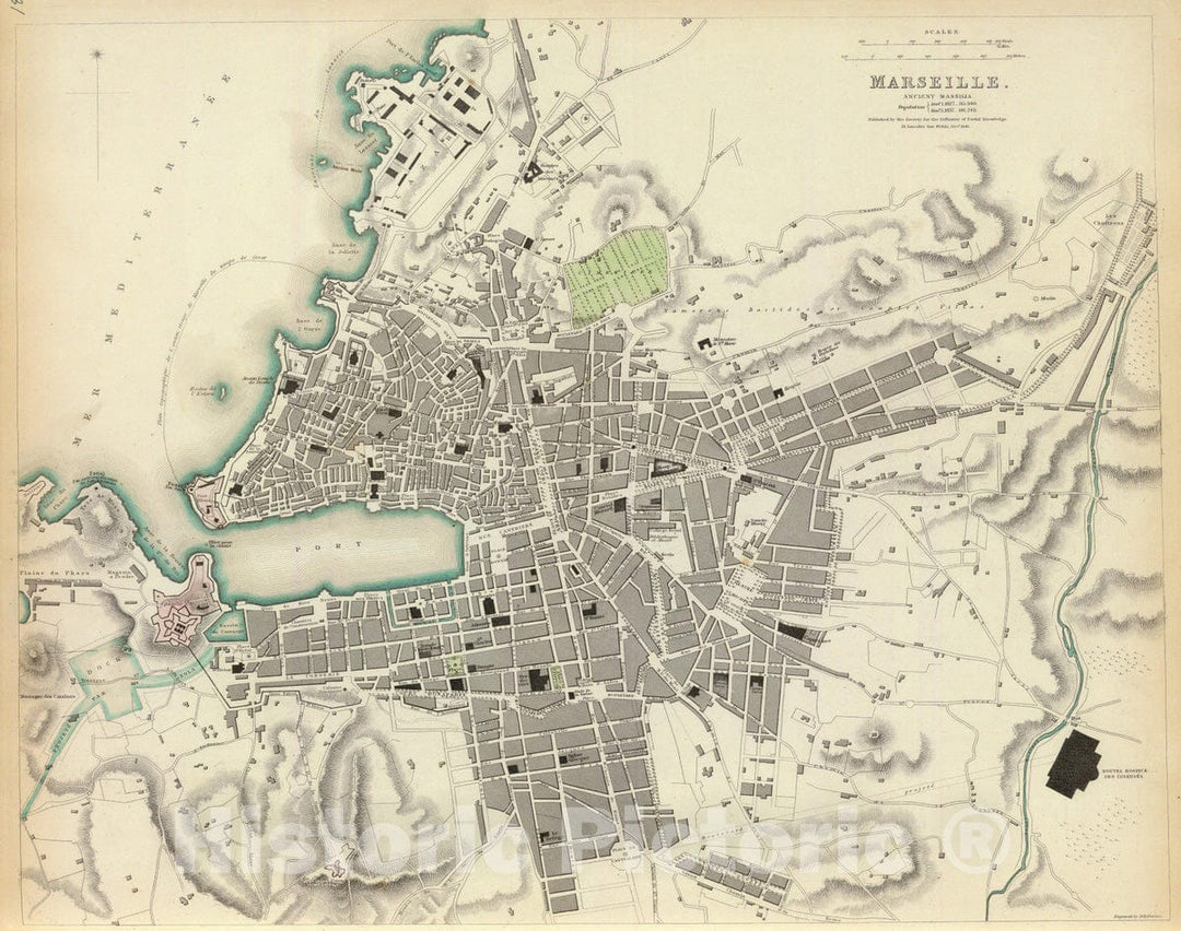 Historic Map : France , Marseille France, 1840 Marseille. , Vintage Wall Art