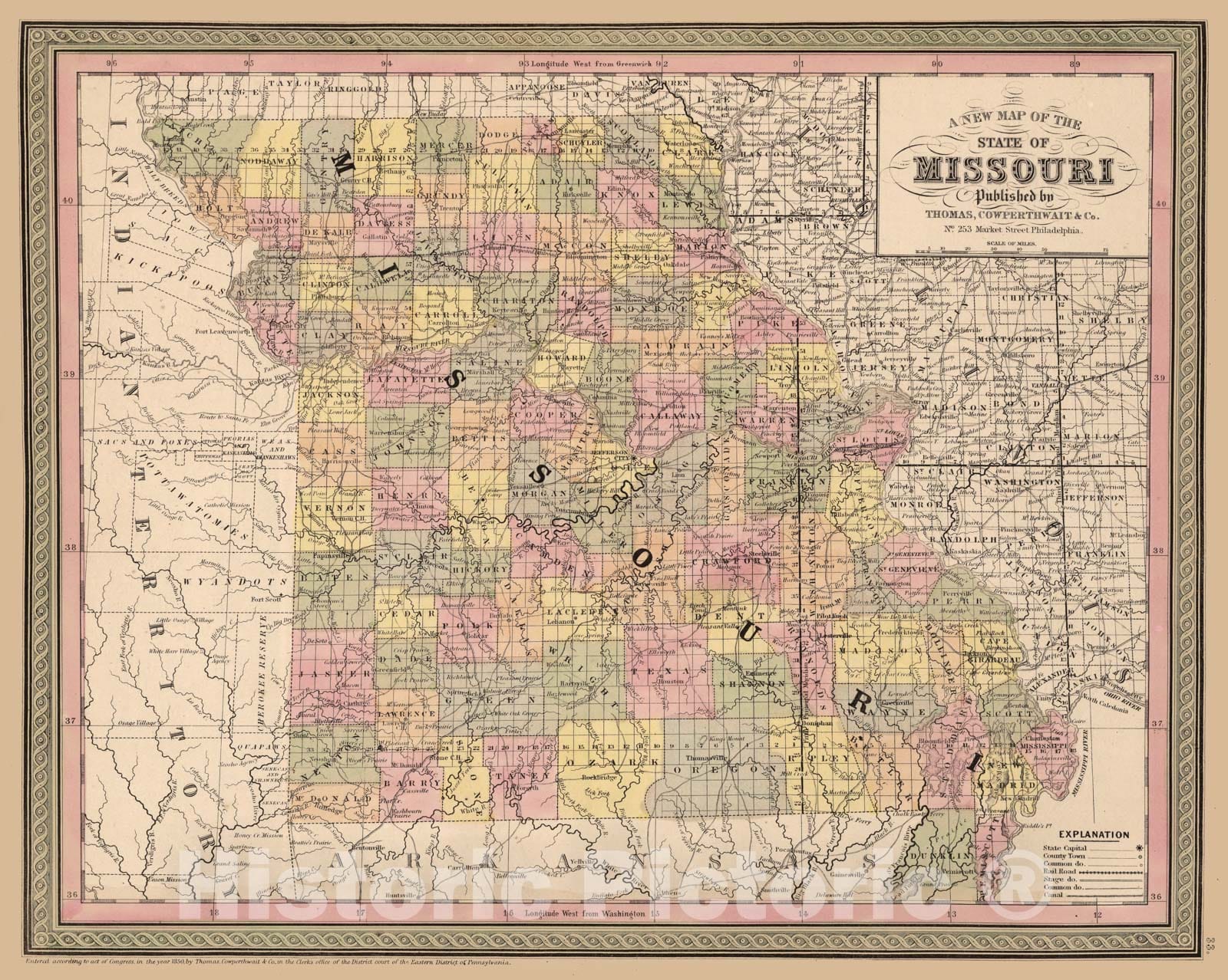 Historic Map - World Atlas - 1853 A New Map of The State of Missouri - Vintage Wall Art