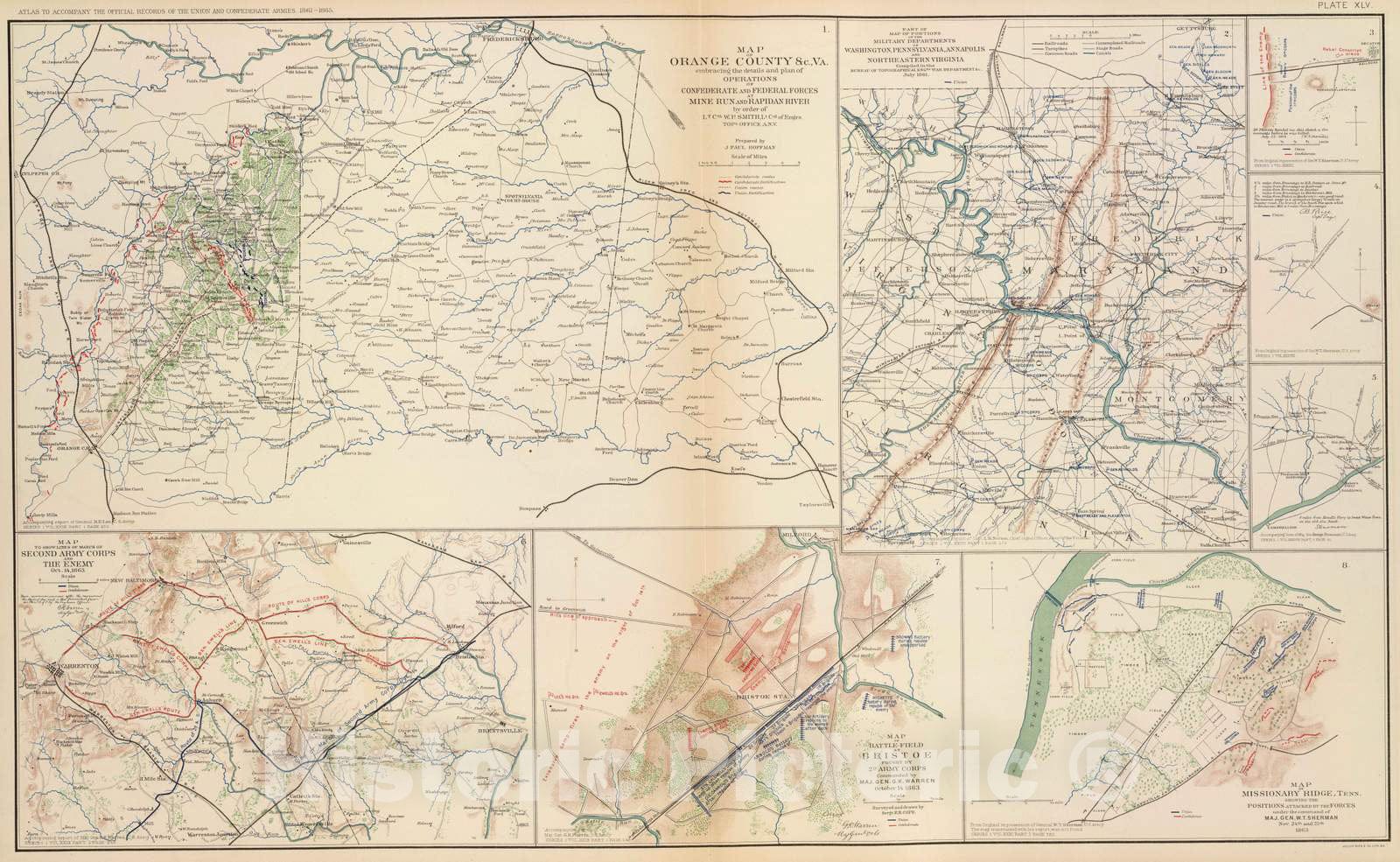 Historic Map : Bristow (Va.), Maryland, Decatur Region (Ga.) 1895 Orange Co, Va, Mine Run, Rapidan River. , Vintage Wall Art