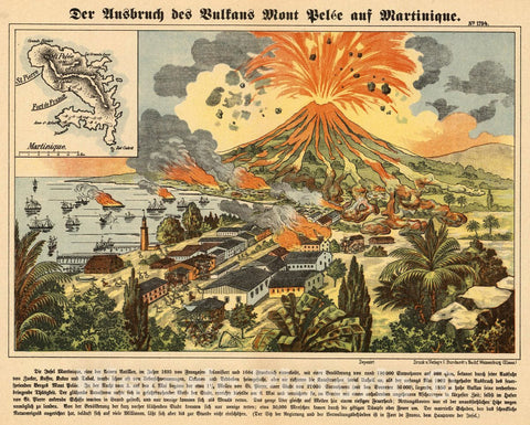 Historic Map : Martinique Der Ausbruch des Vulkans Mont Pel? auf Martinique, 1903 Pictorial Map , Vintage Wall Art