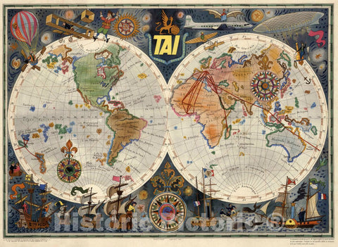 Historic Map : TAI : Transports Aeriens Intercontinentaux. Luc Marie Bayle, 1948 Pictorial Map - Vintage Wall Art