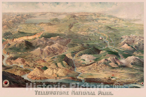 Historic Map : Yellowstone National Park. Copyright 1904 by Henry Wellge, Milwaukee, 1904 Pictorial Map - Vintage Wall Art