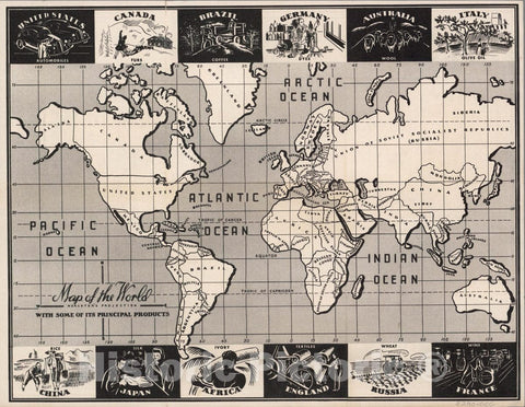 Historic Map : Map of The World with Some of its Principal Products. Mercator's Projection, 1934 Pictorial Map - Vintage Wall Art